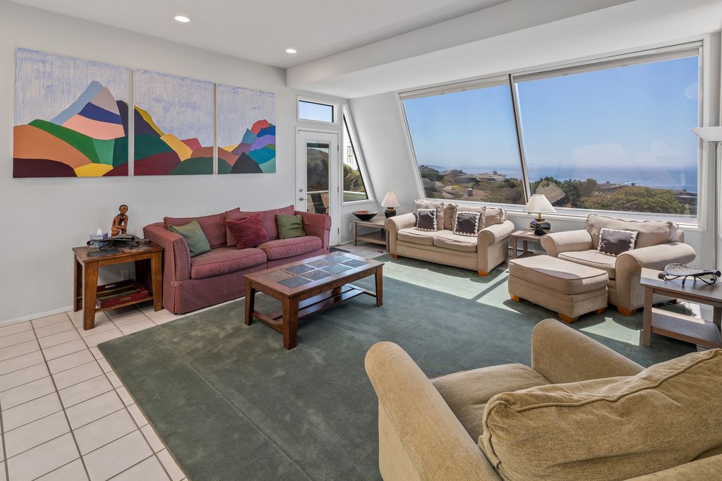 Living room with floor-to-ceiling Pacific Ocean views, Bodega Bay